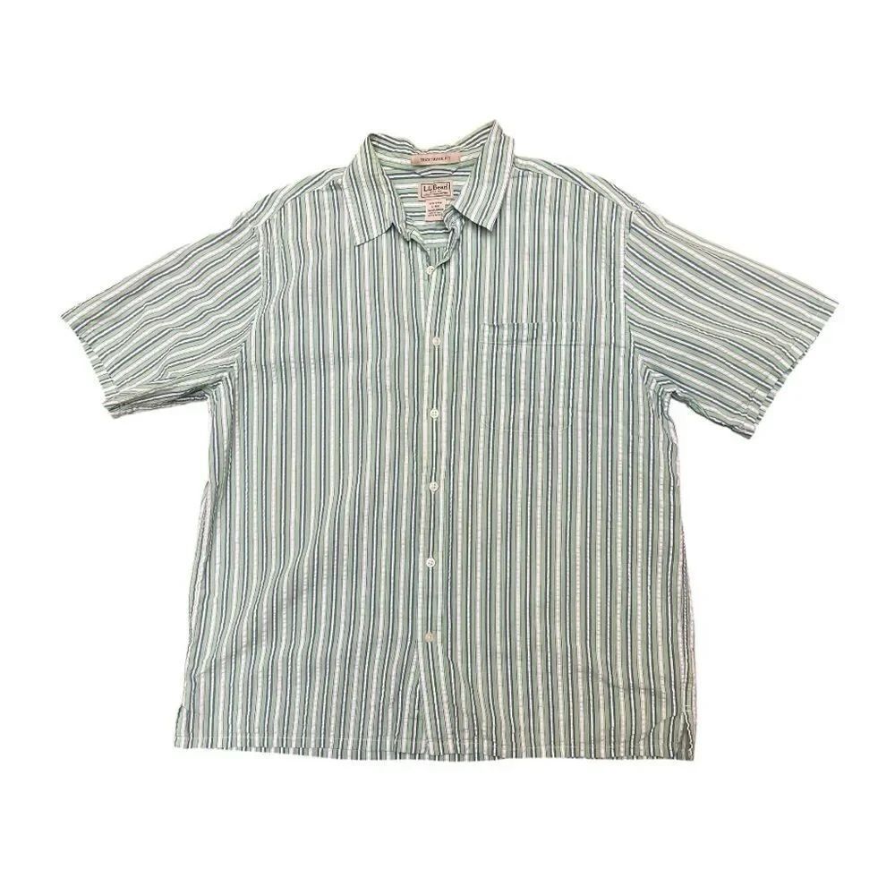 L.L. Bean Traditional Fit Button Down Shirt Green White Stripe Short Sleeve Sz L